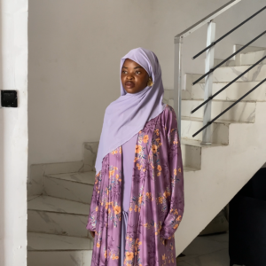 Laleh in purple: “Laleh” (Persian origin) Meaning: Tulip flower 🌷 It matches the floral kimono and the soft feminine color.